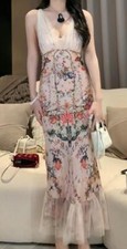 Women's slim fit Floral V Neck Spaghetti Strap Open Back Floral Long Beach Dress