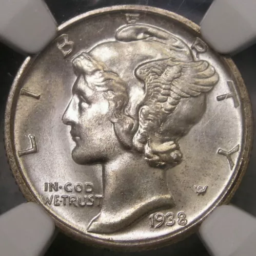 1938 D MERCURY WINGED HEAD SILVER DIME ATTRACTIVE LUSTER CHOICE PQ+ NGC MS 66 FB