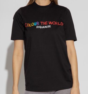 $391 Dsquared2 Women's Black Colour The World Printed Crewneck T-Shirt Size M
