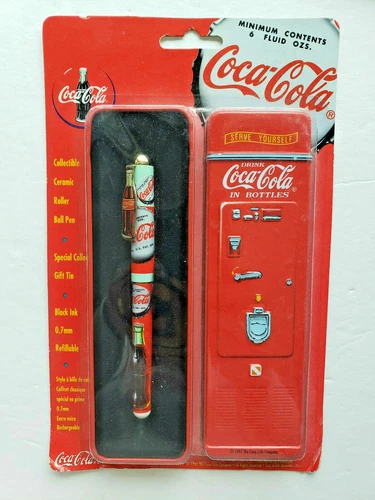 Vtg Coca Cola Collectible Ceramic Roller Ball Pens  Soda Machine Gift Tin U42