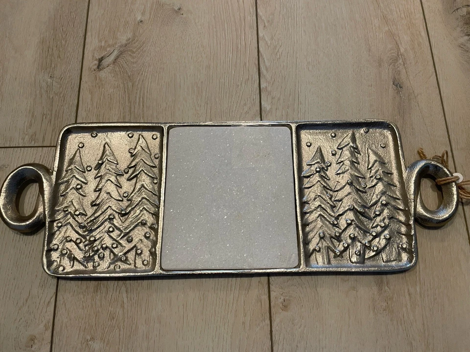 Mud Pie Silver Metal Christmas Tree Tray Serving Platter With Handles 20” NEW - Image 2 of 4