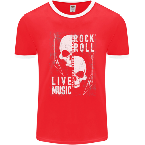 Rock n Roll Live Music Skull Guitar Mens Ringer T-Shirt FotL - Picture 22 of 29