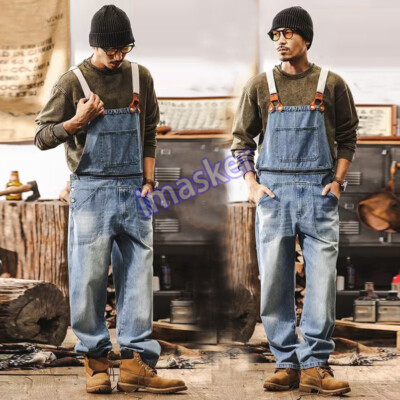 Classic Mens Denim Overalls Jumpsuit Cargo Pants Jeans Loose