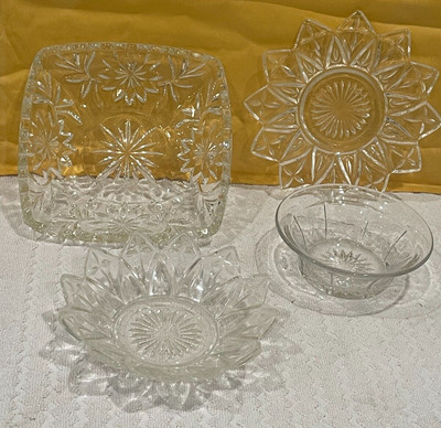 SET OF 4 ARCOROC CLEAR CRYSTAL GLASS BOWLS,PLATES,CANDYDISH ''STARBURST''