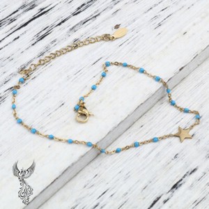 Authentic Gold Plated Light Blue Enamel Pentagram Star Anklet (9")    #039