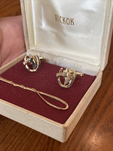 VTG GOLD TONE Horse Head HICKOK USA Cuff Links & Crop Whip Bar Tie Clip Set NIB - Picture 3 of 24