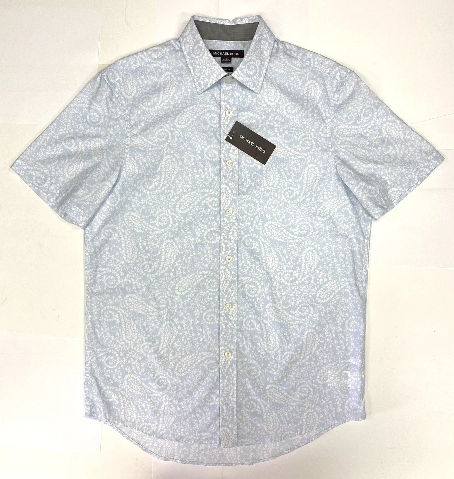 Michael Kors Men's Spring Floral-Paisley Pastel Blue Short Sleeve Shirt. Size: S