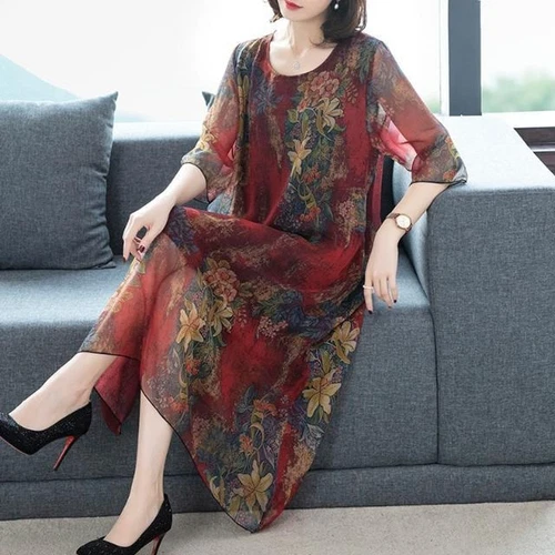 Women Chiffon Print Midi Dress Half Sleeves Casual Loose A-line Retro Ethnic - Picture 8 of 22