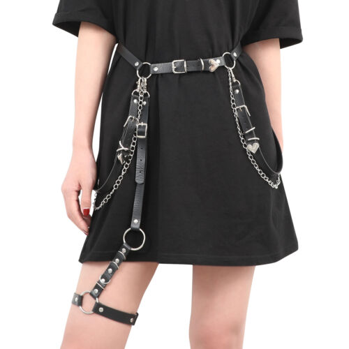 Women's Punk Pu Leather Chain Belt, Women's Gothic Rock Belt, with Leg Straps - Picture 1 of 16
