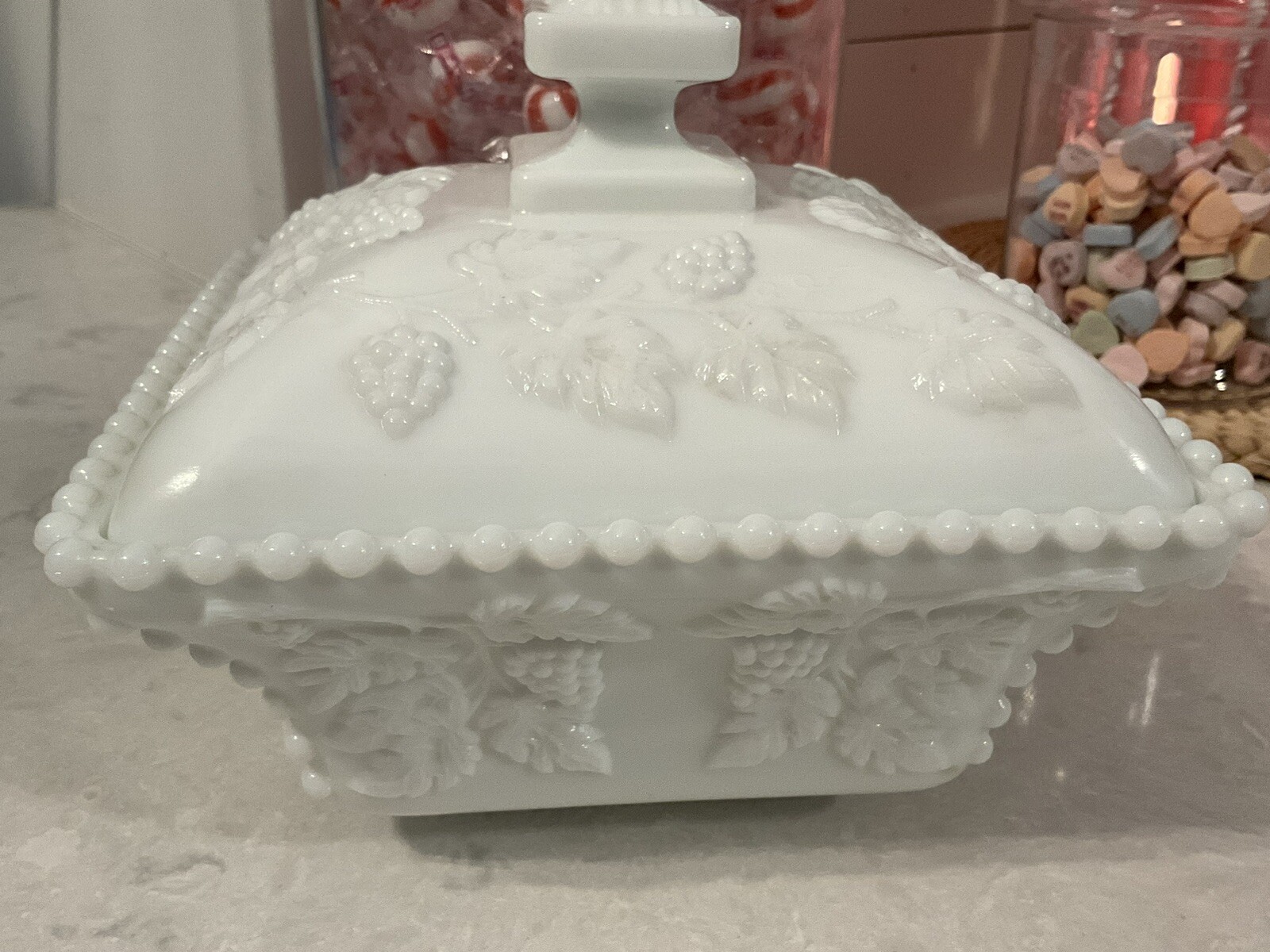 Vintage WESTMORELAND Hobnail Milk Glass Compote with Lid Grape Leaves Design
