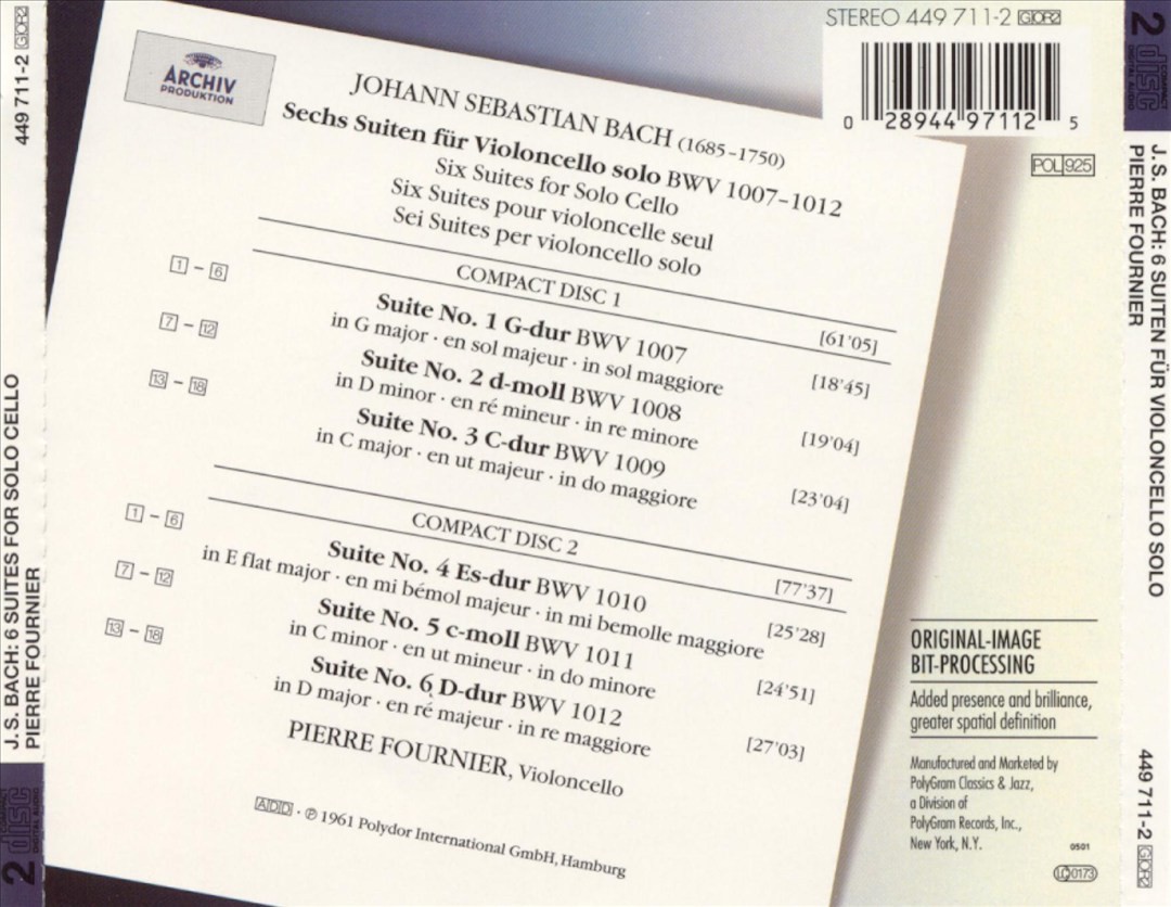 Pierre Fournier Bach: 6 Suiten Für Violoncello Solo New Cd
