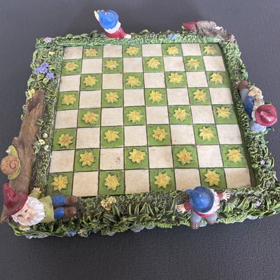 Vintage Ceramic Gnome Checkers Board  Game Mushrooms Vs Snails W/ Game Pieces