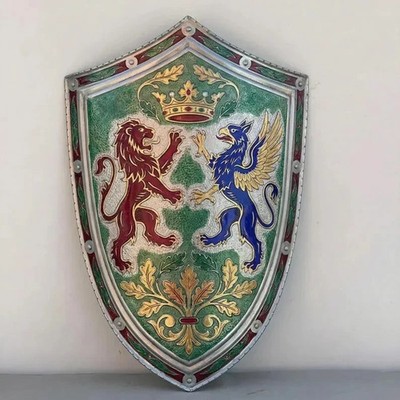 Medieval Etched Heraldic Lion Steel Shield | Painted Coat of Arms Knight Wall