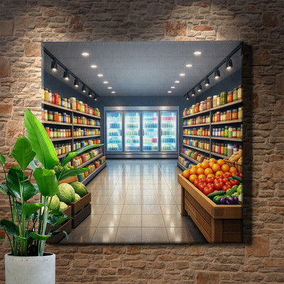 Modern grocery store aisle perspective Canvas Print with one point symmetry