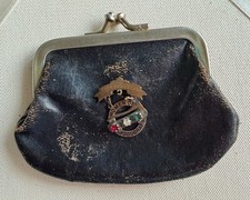Vintage Leather Kiss Lock Black Coin Change Purse With Unique Vintage Pin