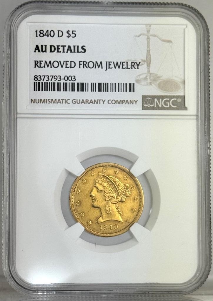 1840 D $5 Liberty Gold NGC AU Details *Rare* Dahlonega Half Eagle