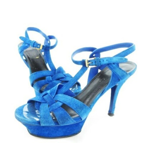 Sandali Saint Laurent Paris tacco alto cinturino blu scamosciato taglia 35 5 donna autentici