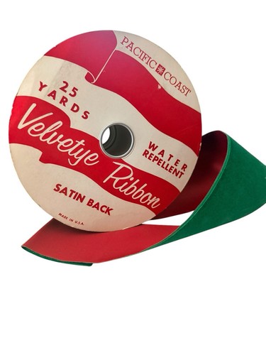 Vintage Velvet Green Ribbon Spool Red Satin Back Huge Kitschy Christmas Decor - Afbeelding 18 van 20