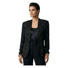 Niteline Della Roufogali Vintage 80's Beaded Silk Open Front Jacket Black Medium
