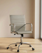 Vintage Swivel Grey Leather Office Desk Chair Home Chrome Legs-Send Offer