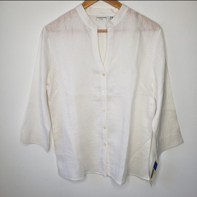 Covington Linen Blouse Size M White Split Neck Lagenlook Coastal Sheer Sears NEW