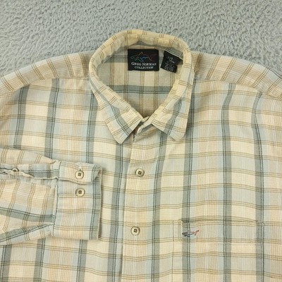 Greg Norman Collection Shirt Mens Large Beige Blue Plaid Button Front Golf