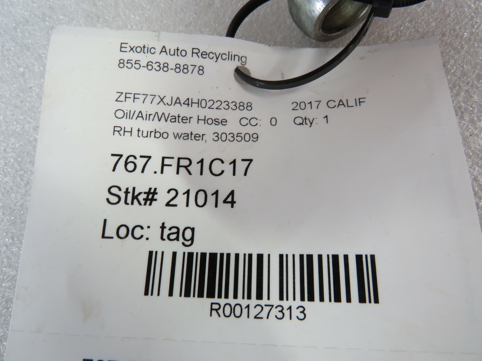 Ferrari California T, RH, Right, Turbo Water Return Pipe, Used, P/N 303509