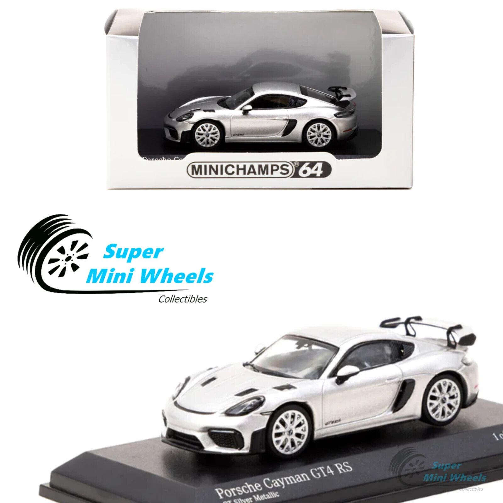 Minichamps x Tarmac Works 1:64 Porsche Cayman GT4 RS GT Silver Metallic