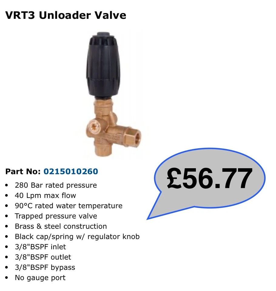 VRT3 UNLOADER VALVE PRESSURE WASHER BYPASS NEW FITS INTERPUMP HONDA JET WASH