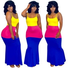 New Plus Size Women Spaghetti Strap Backless Patchwork Skinny Club Long Dress