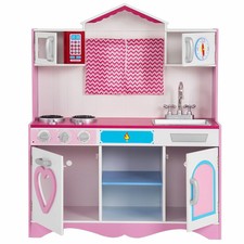 pink and white wooden play kitchen