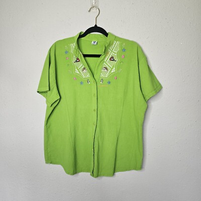 AYME Galapagos Lime Green Embroidered Turtle Blue Foot Boobie Bird Womens Button