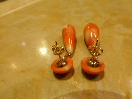 Vintage 14k or Jaune Sculpté Corail Tomate Rouge Orange Goutte Pendantes Boucles - Photo 6 sur 7