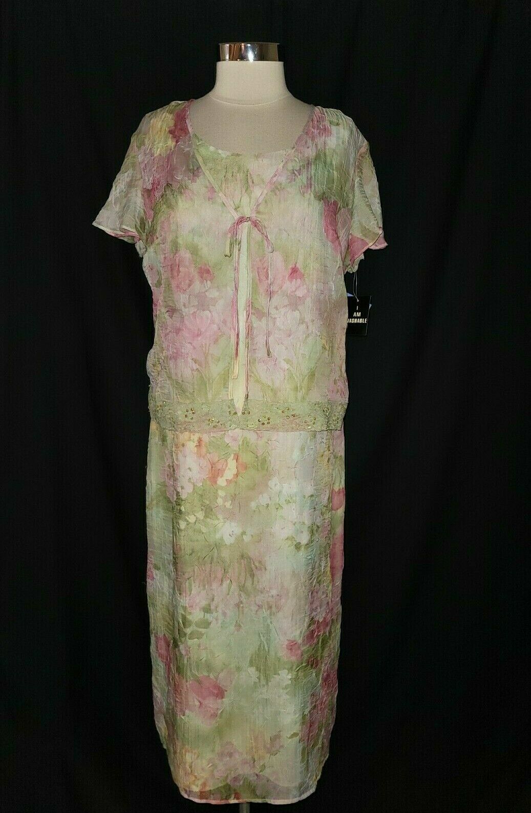 NEW STUDIO 1 Size 14 Long Dress Green Pink Floral Crinkle Short Sleeve