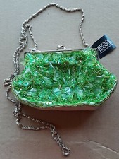 New Bijoux Terner Green Satin Beaded Sequined Evening Purse Clutch Handbag