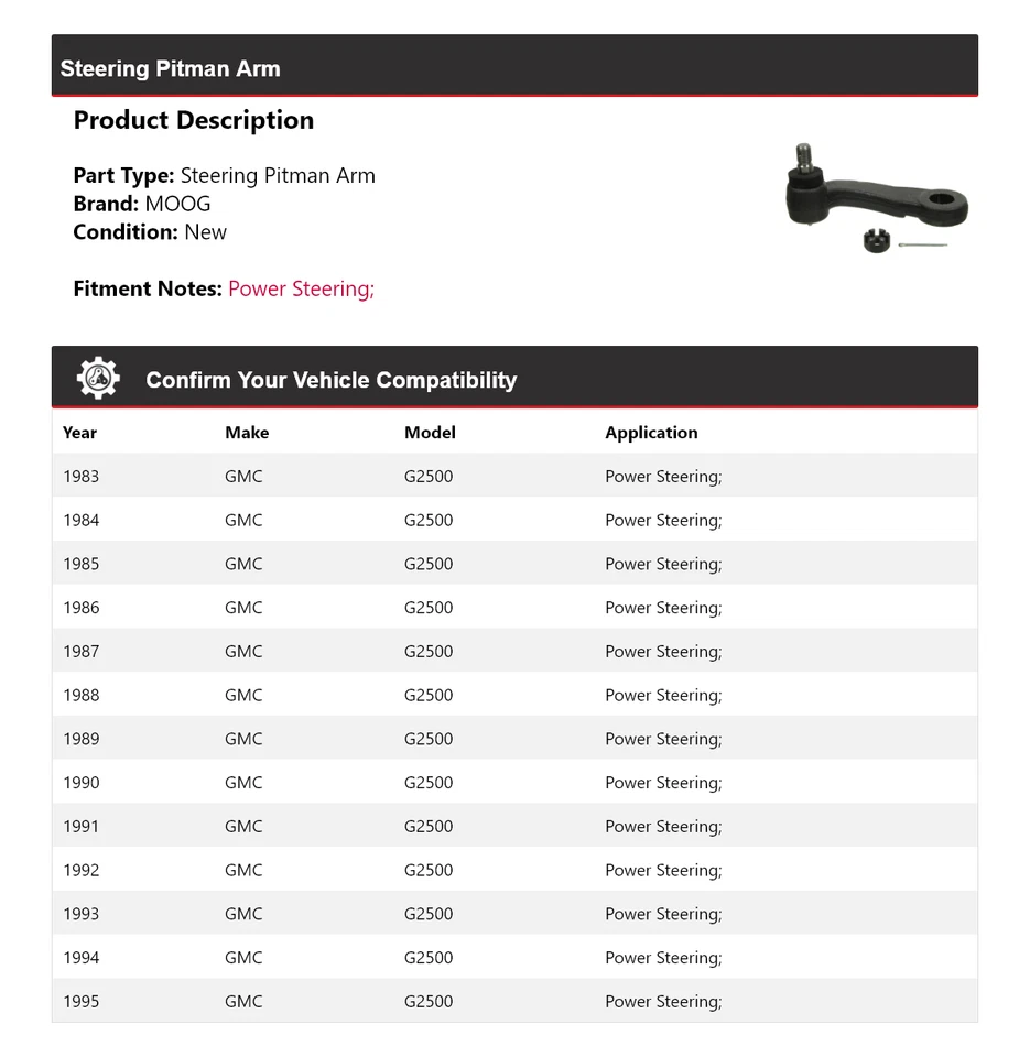 For 1983-1995 GMC G2500 Steering Pitman Arm MOOG 1983 1984 1985 1986 1987 1988 - Image 2 of 4