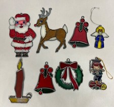 8 Vintage Christmas Leaded Stained Glass Sun catchers Santa Bell Wreath Reindeer