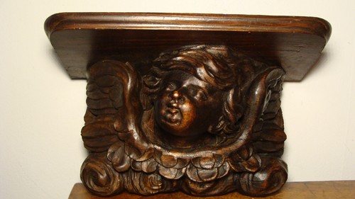 Alte Kirche Historismus Wand Konsole Board Engel Figur Holz geschnitzt um 1880
