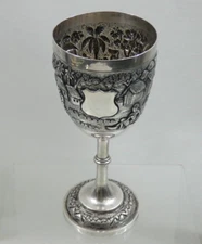 FINEST ANTIQUE SILVER LARGE WINE or WATER GOBLET CHALICE CUP Oriental India 19C