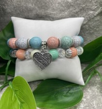 2 PC Handmade Beaded Stackable 7  Plus Stretch Mom Heart Bracelet Set New B1440