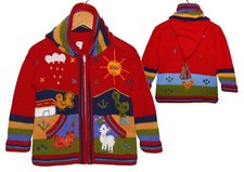 Kinder Strickjacke rot Gr.92*98 XXL-Kapuze Zipfelkapuze Bauernhof Peru Tiere Zoo