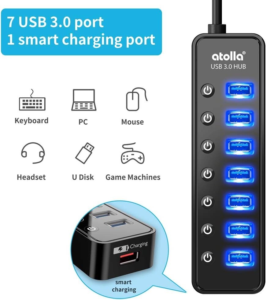 Atolla 7-Port USB 3.0 Hub with Smart Charging Port for Fast Data Transfer