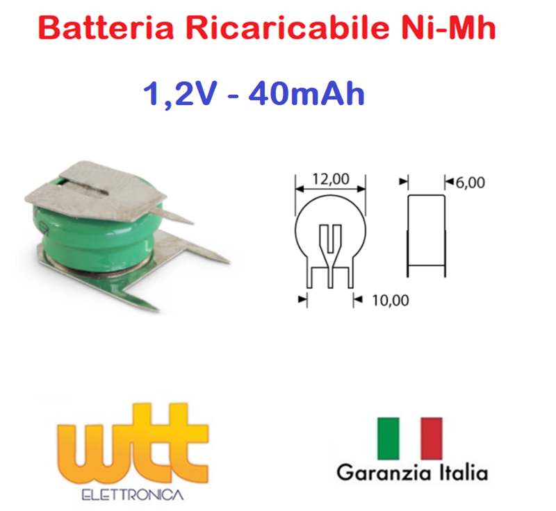 Batteria ricaricabile NI-MH 1,2V 40mAh circuito stampato 12x6mm