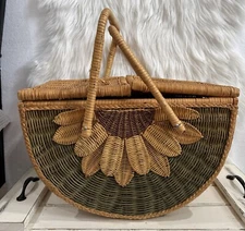 Wicker Half Round Sunflower Picnic Basket VTG Defect Sunroom Veranda Decor