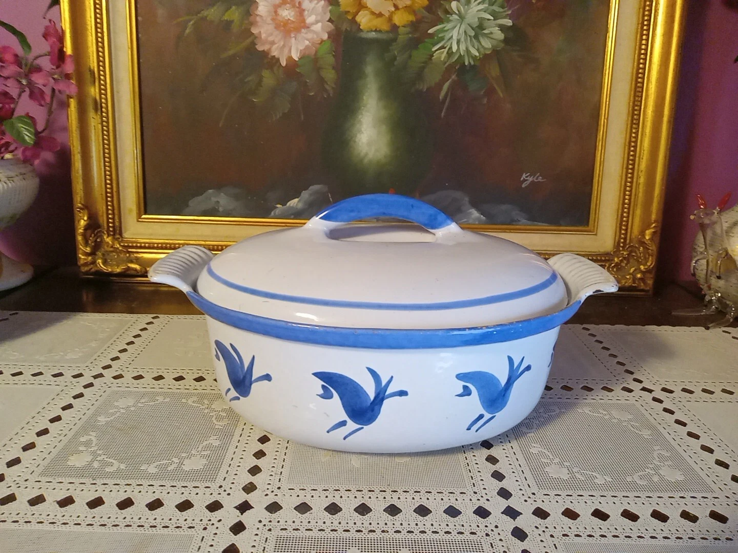 Vintage Husqvarna Sweden Cast Iron Enamelware Blue Birds 9" Dutch Oven W/ Lid