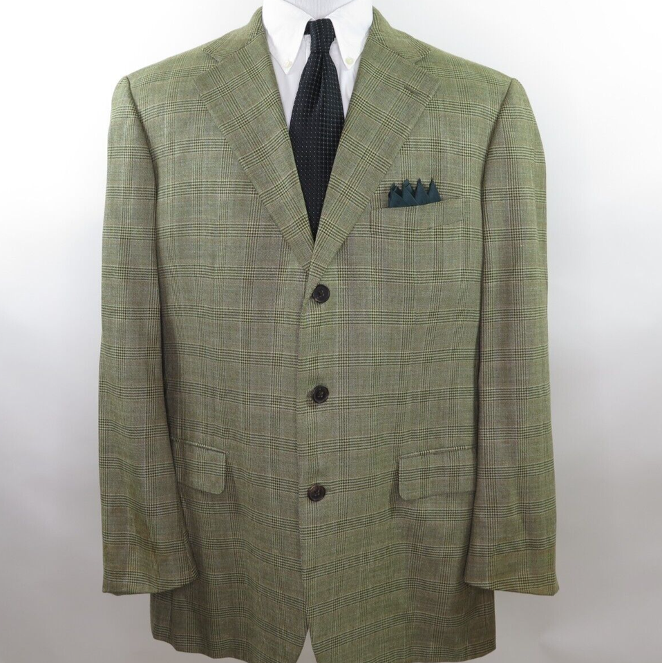 Belvest Mens Wool Silk Linen Glen Plaid Italian Blazer Jacket Sport
