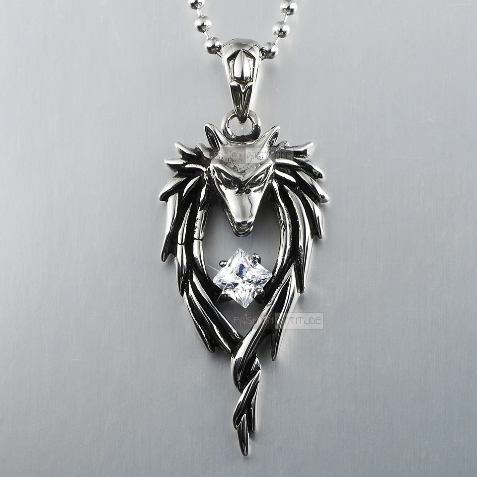 silver WOLF pendant mens womens stainless steel chain necklace crystal 60cm Foto 3 de 3