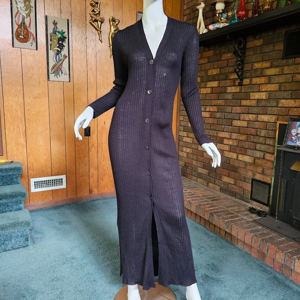 Vtg 90s Express Mall Goth Grunge Ribbed Button Front Sweater Slip Maxi Dress M - Image 2 of 4