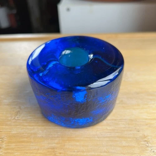 Vintage Blenko Cobalt Sapphire Blue Candle Taper Holder Art Glass Puck  990A