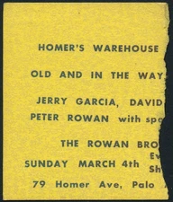 Old and In the Way Ticket Stub 1973 Homer's Warehouse Jerry Garcia Grateful Dead